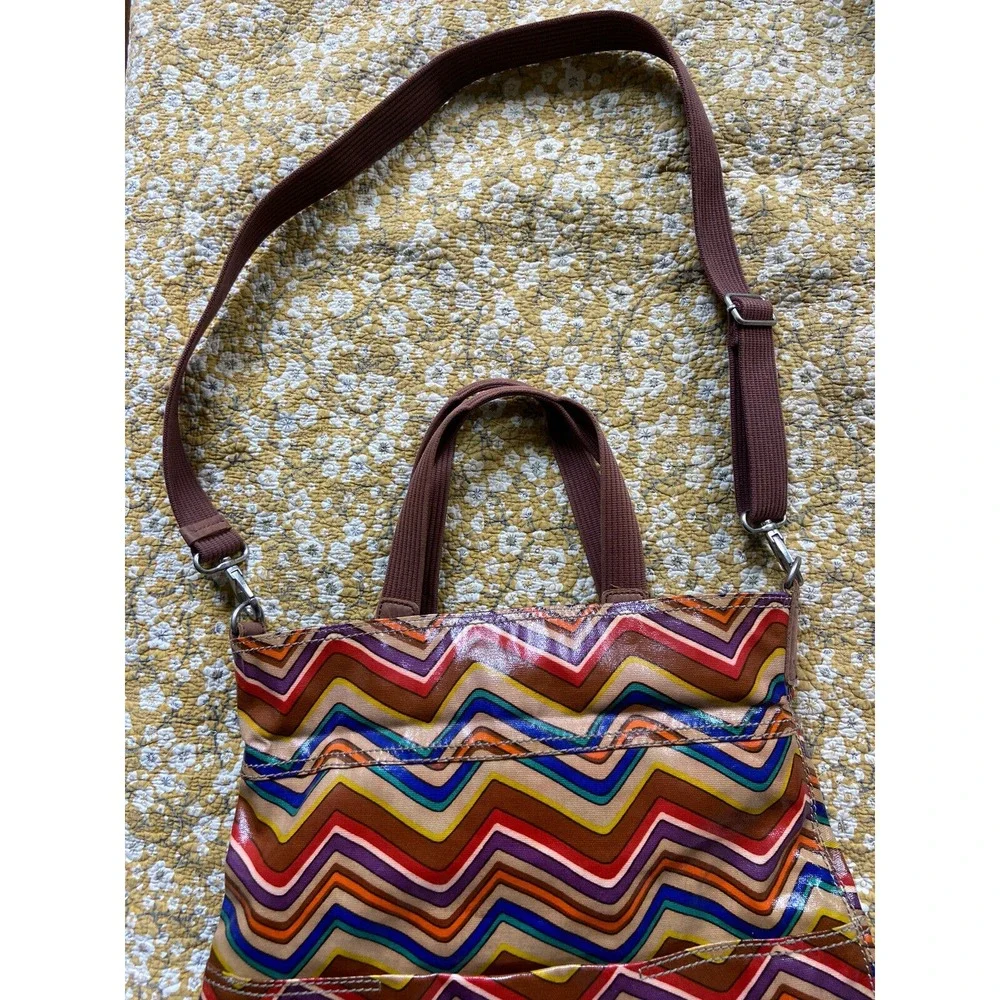 Fossil Key-Per Magnetic Closure Chevron‎ Striped Costed Canvas Tote Bag Purse
